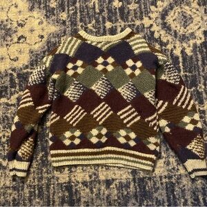 Lord & Taylor Brown and Green Crewneck Sweater with Geometric Pattern